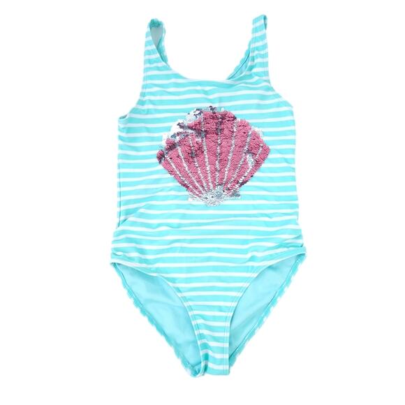 Sweet Pineapple Girls Bathing Suit Size 7 Blue, Sequin Shell Bodice, Stripes - Picture 1 of 4